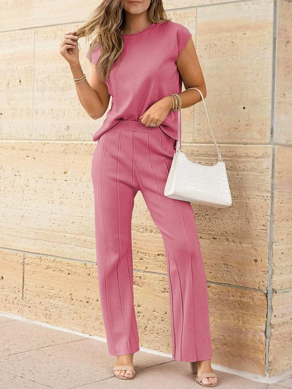 Round Neck Cap Sleeve Top and Pants Knit Set - Trendsi - Flyclothing LLC