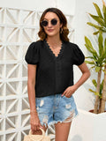 Swiss Dot Lace Detail V-Neck Blouse - Trendsi - Flyclothing LLC