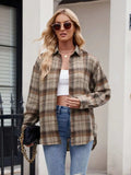 Pocketed Plaid Collared Neck Long Sleeve Shirt - Trendsi - Flyclothing LLC