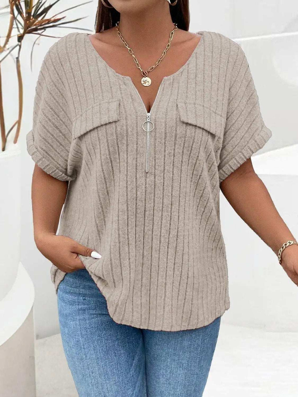 Plus Size Half Zip Short Sleeve T-Shirt - Trendsi - Flyclothing LLC
