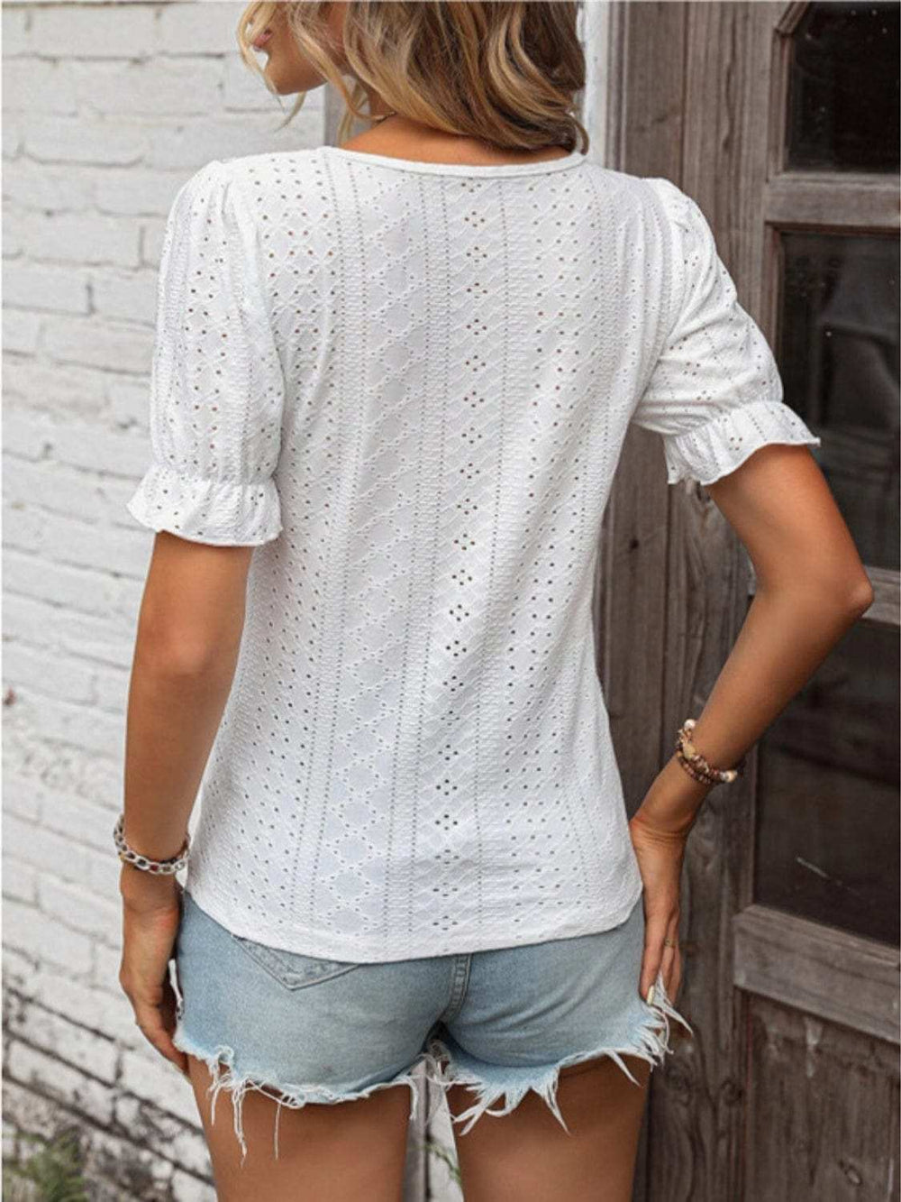 Eyelet Lace Detail V-Neck Flounce Sleeve Blouse - Trendsi - Flyclothing LLC