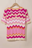 Stripe Chevron Openwork Round Neck Short Sleeve Knit Top - Trendsi - Flyclothing LLC