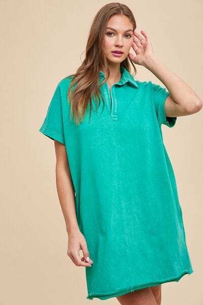 Annie Wear Mineral Washed Johnny Collar Short Sleeve Dress - Trendsi - Flyclothing LLC