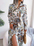 Tied Printed Long Sleeve Midi Dress - Trendsi - Flyclothing LLC