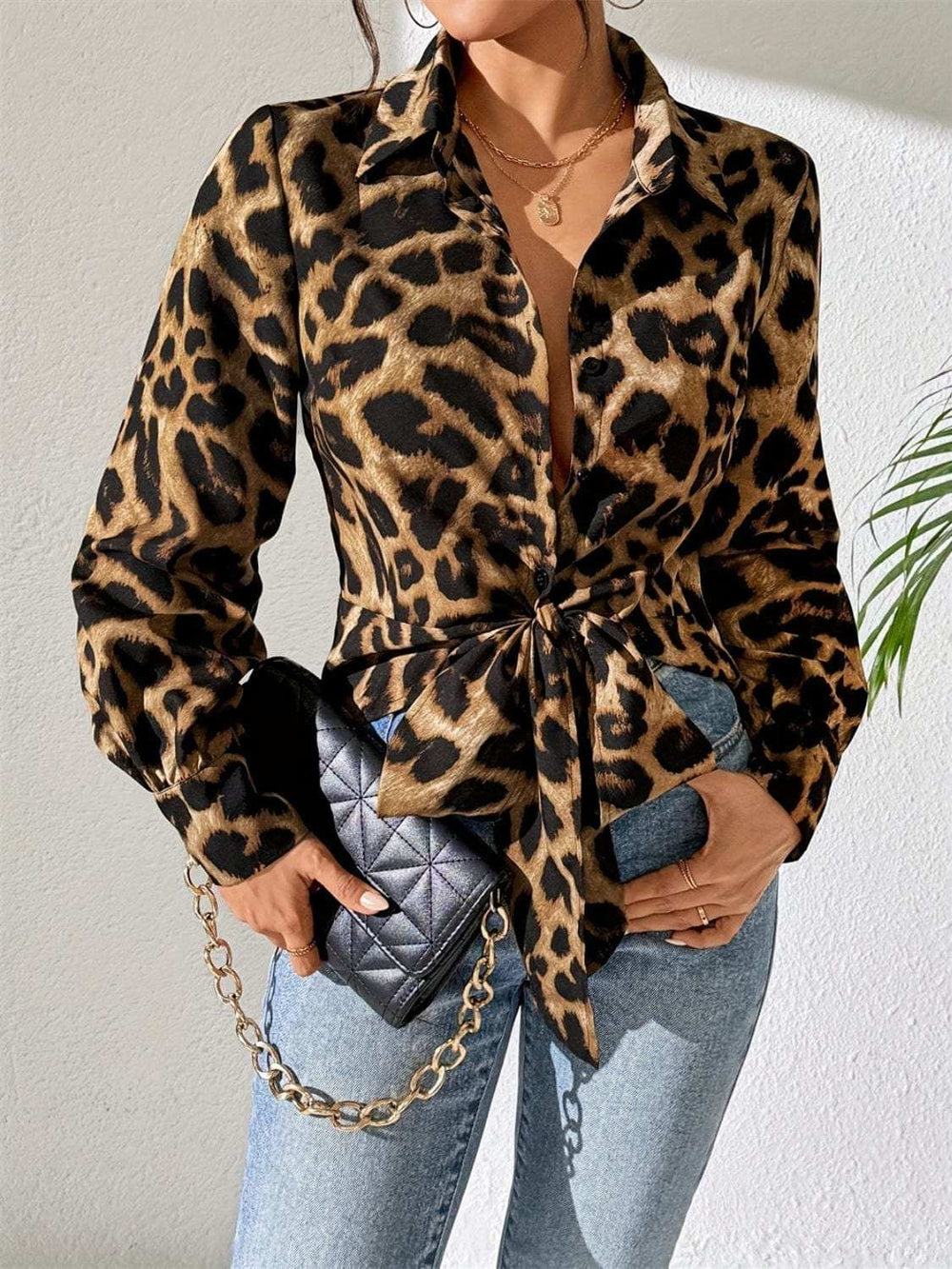 Leopard Collared Neck Long Sleeve Shirt - Trendsi - Flyclothing LLC