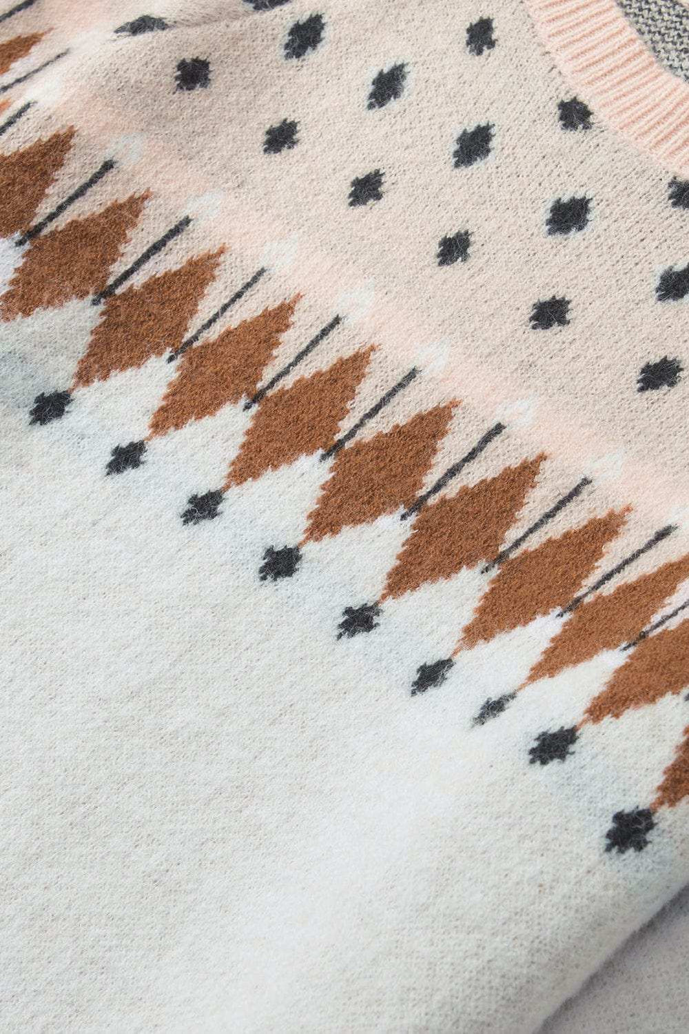 Geometric Contrast Round Neck Long Sleeve Sweater - Trendsi - Flyclothing LLC