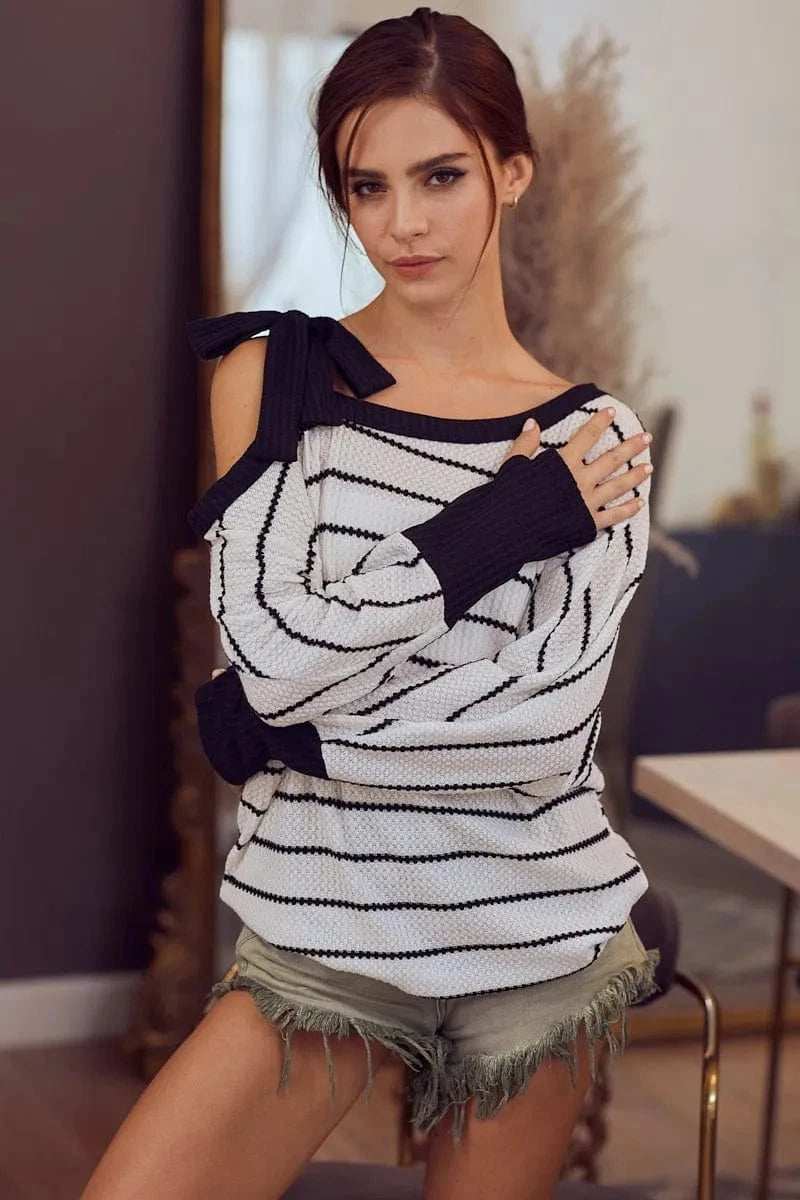 BiBi Stripe Yarn Dye Waffle One Shoulder Ribbon Detail Top - Trendsi - Flyclothing LLC