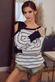 BiBi Stripe Yarn Dye Waffle One Shoulder Ribbon Detail Top - Trendsi - Flyclothing LLC