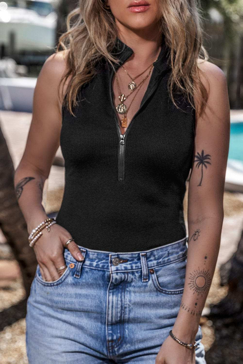 Zip Up Mock Neck Sleeveless Bodysuit - Trendsi - Flyclothing LLC