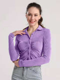 Ruched Button Up Long Sleeve T-Shirt - Trendsi - Flyclothing LLC
