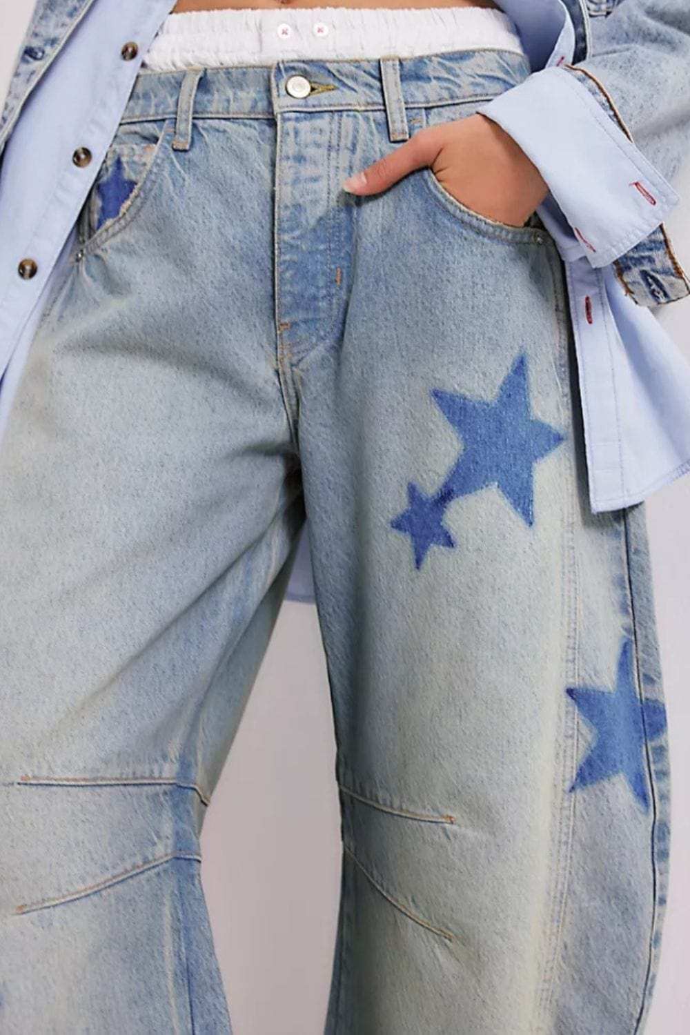 Contrast Star Wide Leg Jeans - Trendsi - Flyclothing LLC