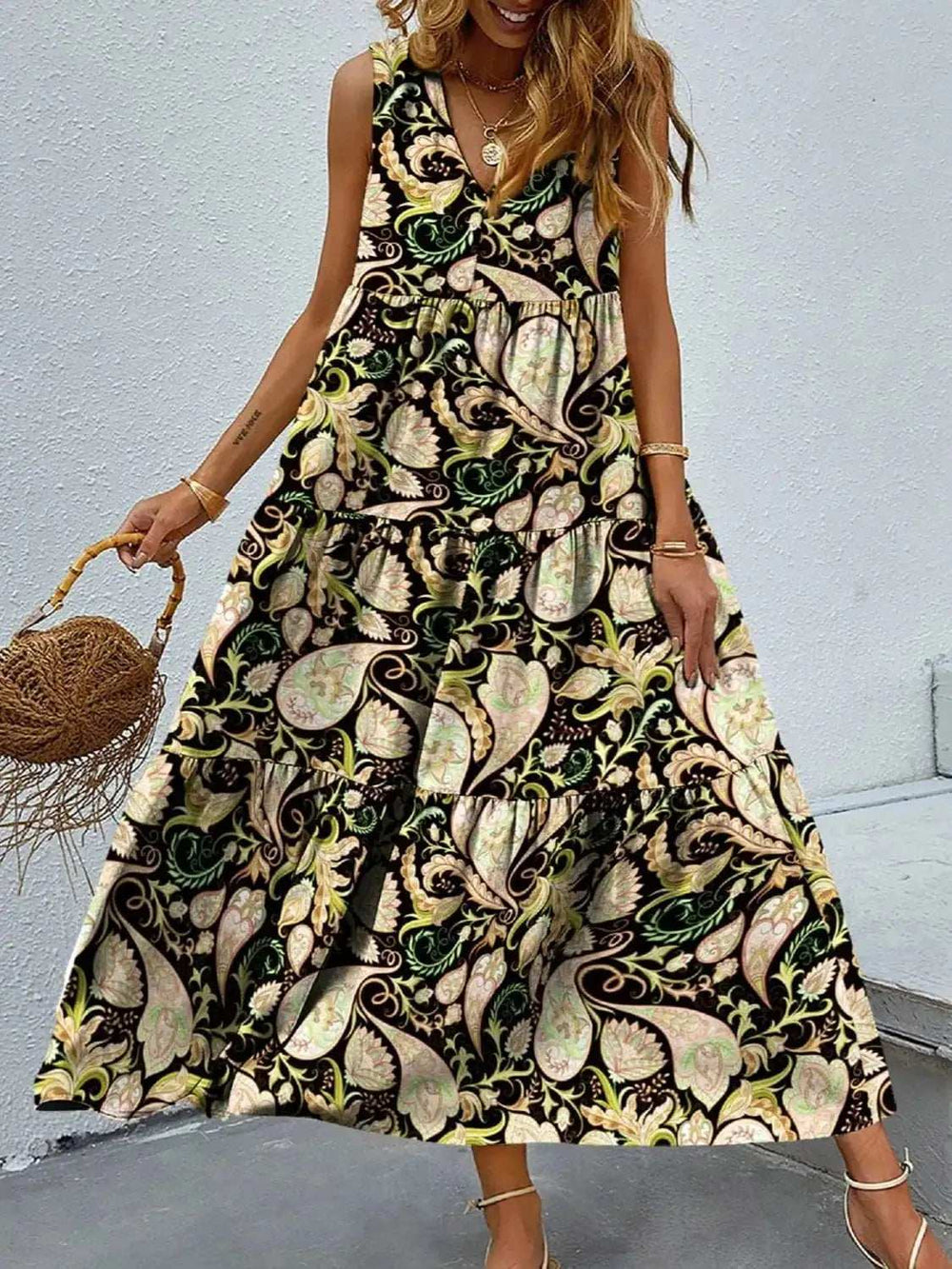 Printed V-Neck Tiered Maxi Tank Dress - Trendsi - Flyclothing LLC