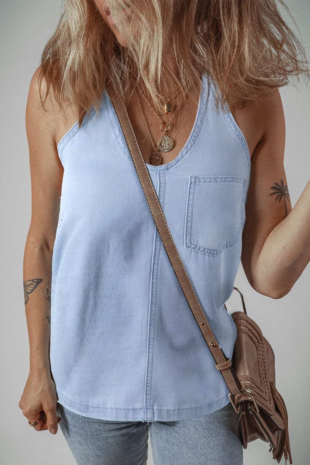 Backless Halter Neck Denim Top - Trendsi - Flyclothing LLC