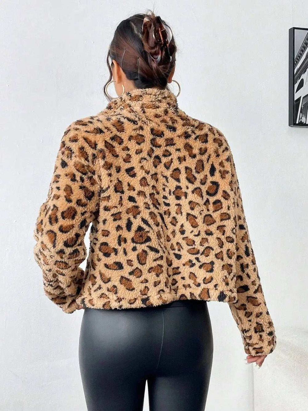 Fuzzy Turtleneck Leopard Zip Up Jacket - Trendsi - Flyclothing LLC