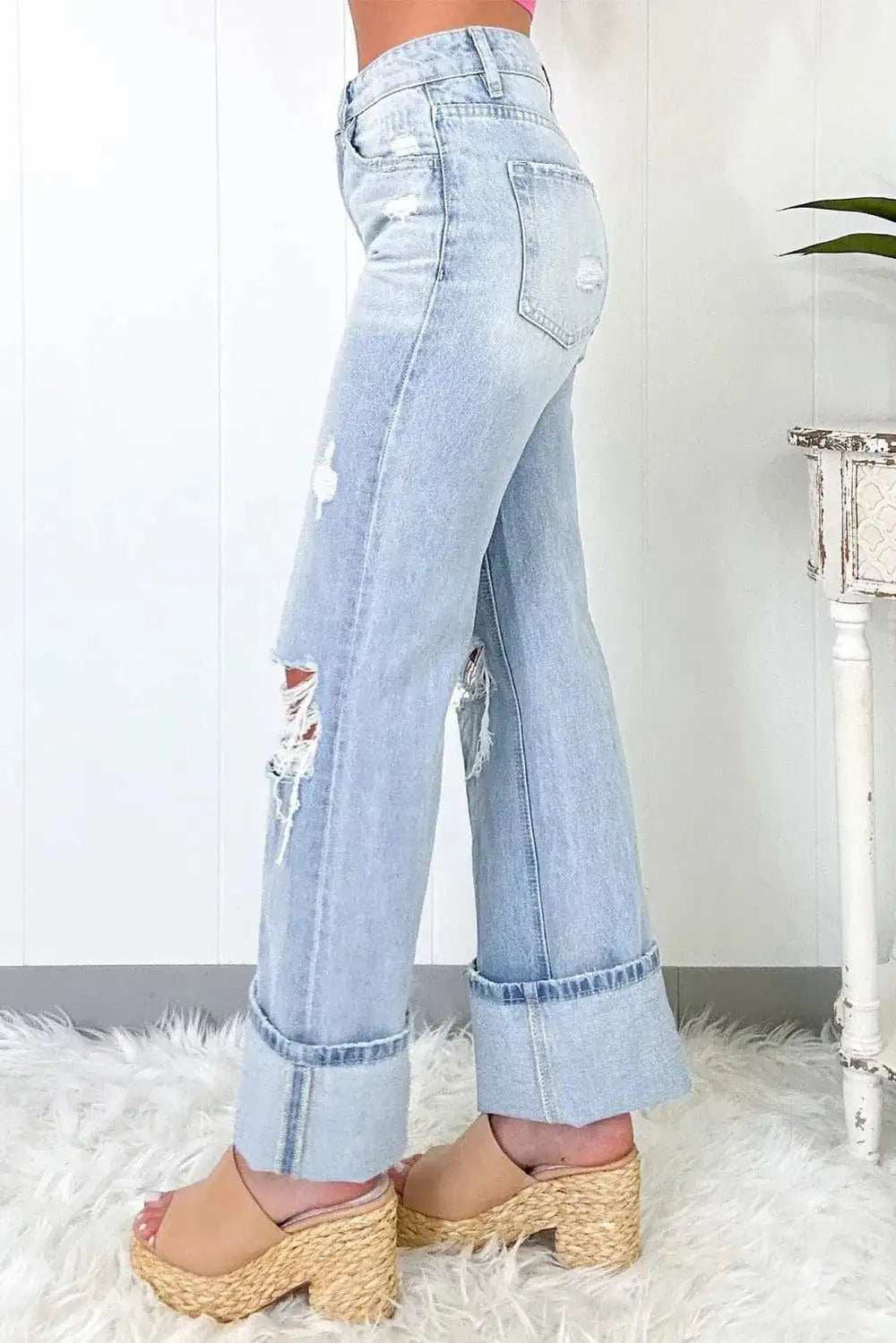 Distressed High Waist Jeans with Pockets - Trendsi - Flyclothing LLC