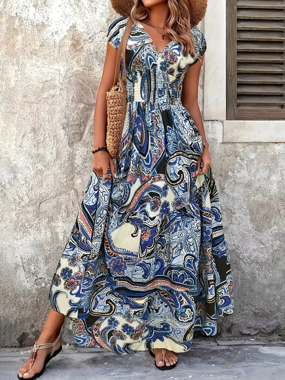 Printed V-Neck Cap Sleeve Maxi Dress - Trendsi - Flyclothing LLC