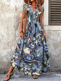 Printed V-Neck Cap Sleeve Maxi Dress - Trendsi - Flyclothing LLC
