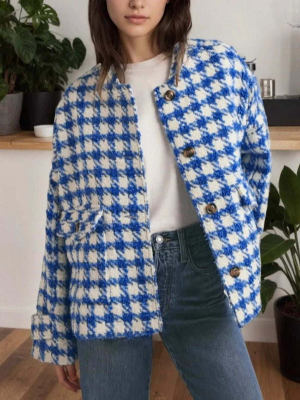 Houndstooth Button Up Long Sleeve Jacket - Trendsi - Flyclothing LLC