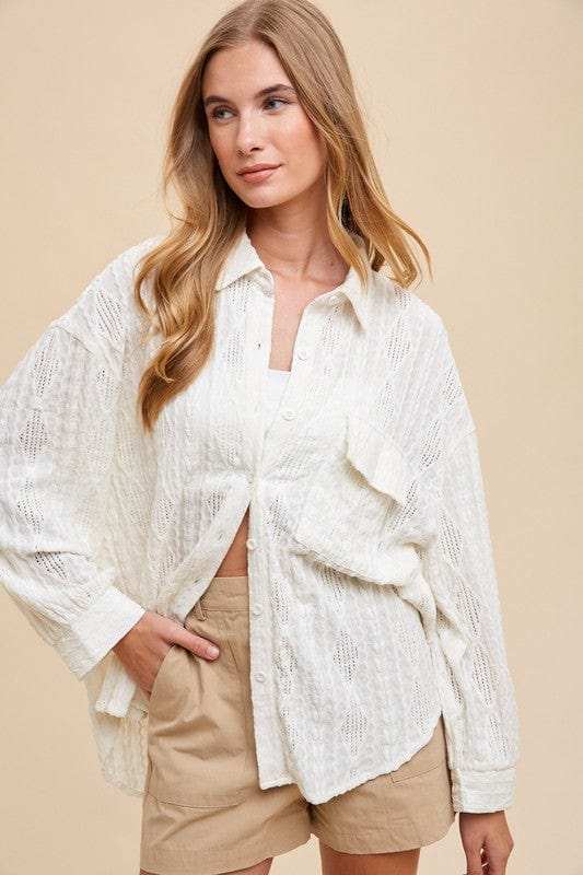 Annie Wear Openwork Button Down Drop Shoulder Shirt - Trendsi - Flyclothing LLC