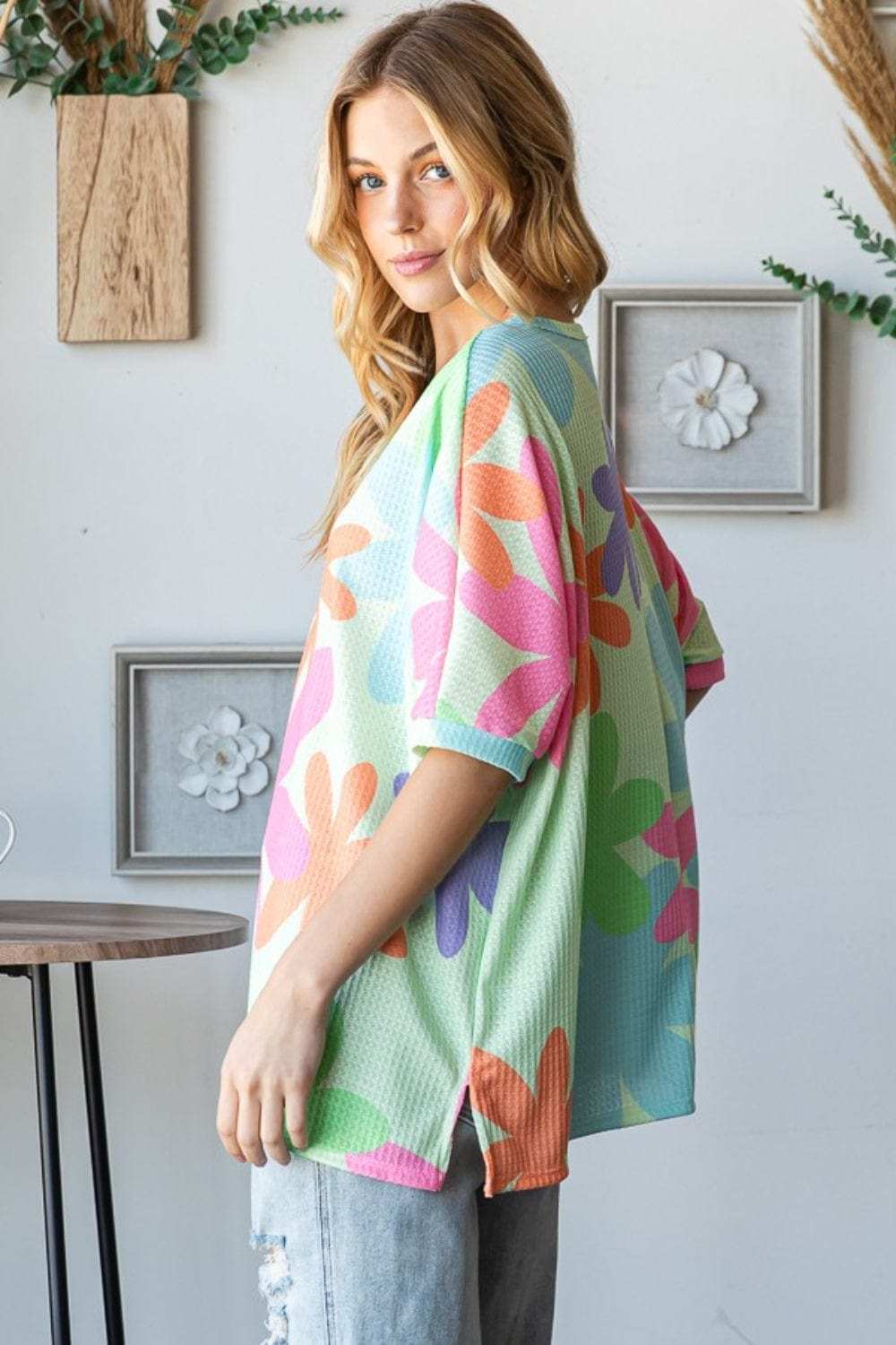 HOPELY Floral Round Neck Waffle T-Shirt - Trendsi - Flyclothing LLC