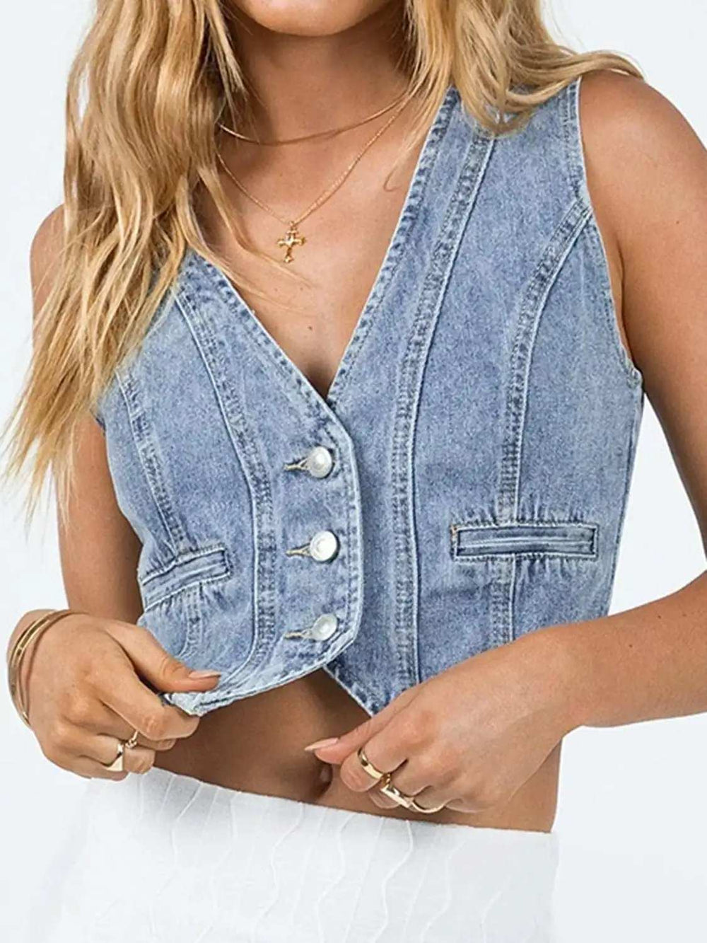 Button Up Sleeveless Denim Top - Trendsi - Flyclothing LLC