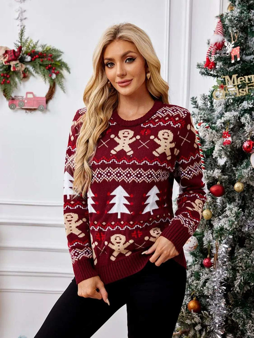 Gingerbread Round Neck Long Sleeve Sweater - Trendsi - Flyclothing LLC