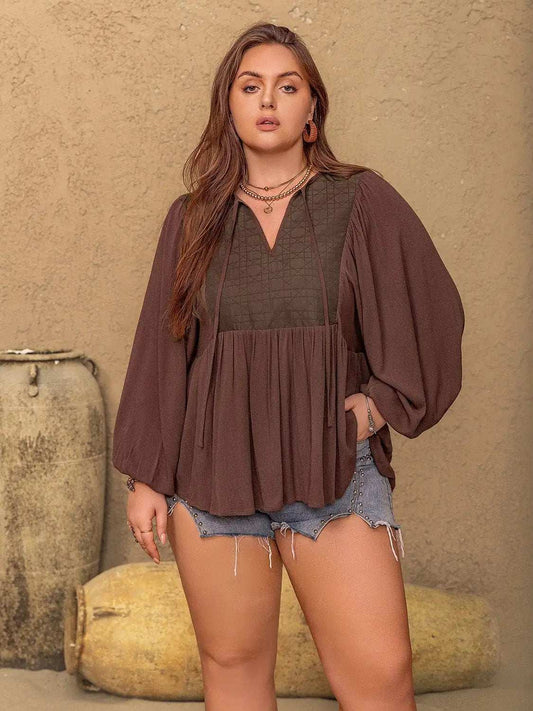 Plus Size Tie Neck Balloon Sleeve Blouse - Trendsi - Flyclothing LLC