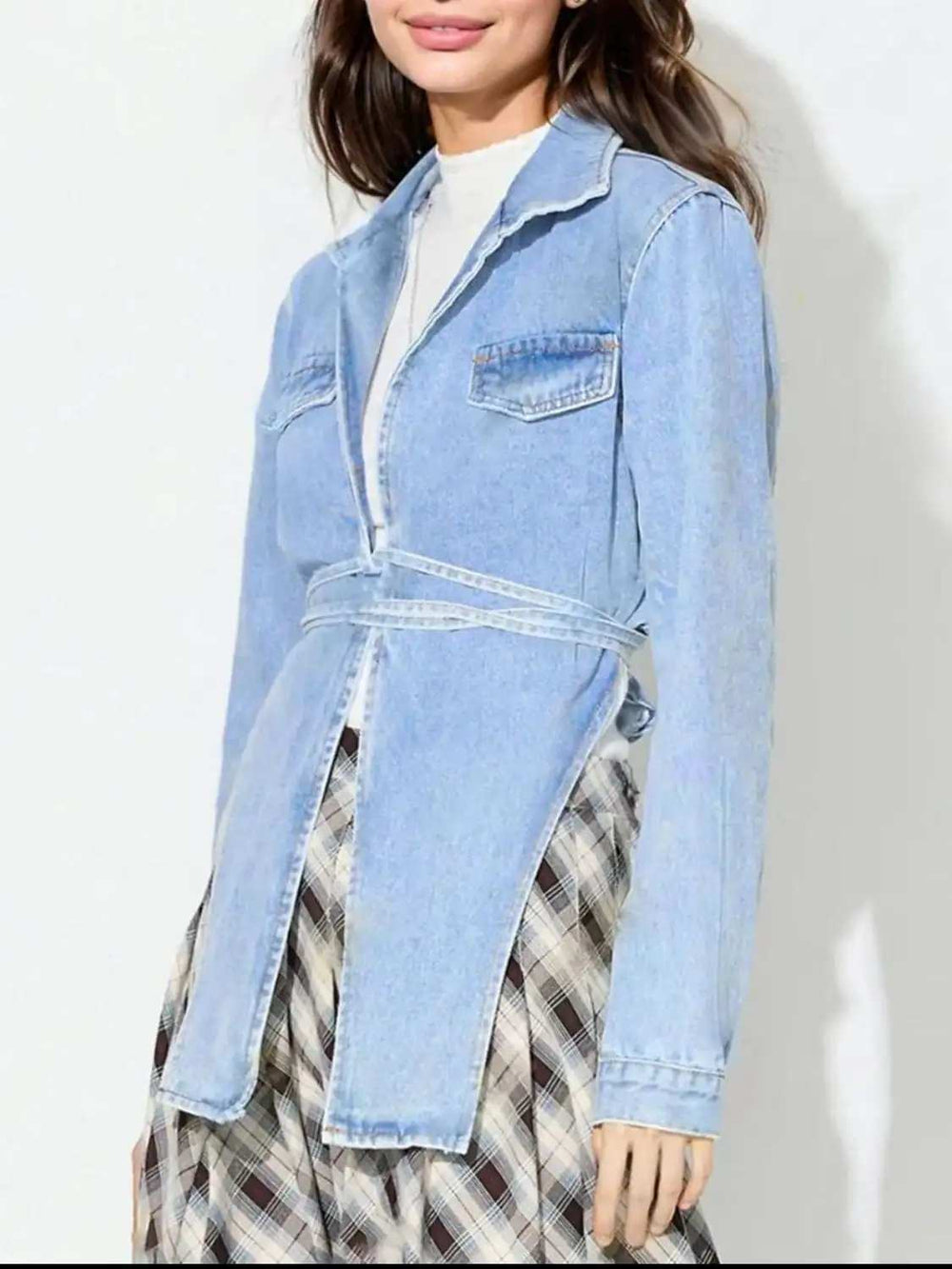 Asymmetric Slit Collared Neck Long Denim Top - Trendsi - Flyclothing LLC
