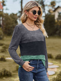 Color Block Square Neck Long Sleeve T-Shirt - Trendsi - Flyclothing LLC