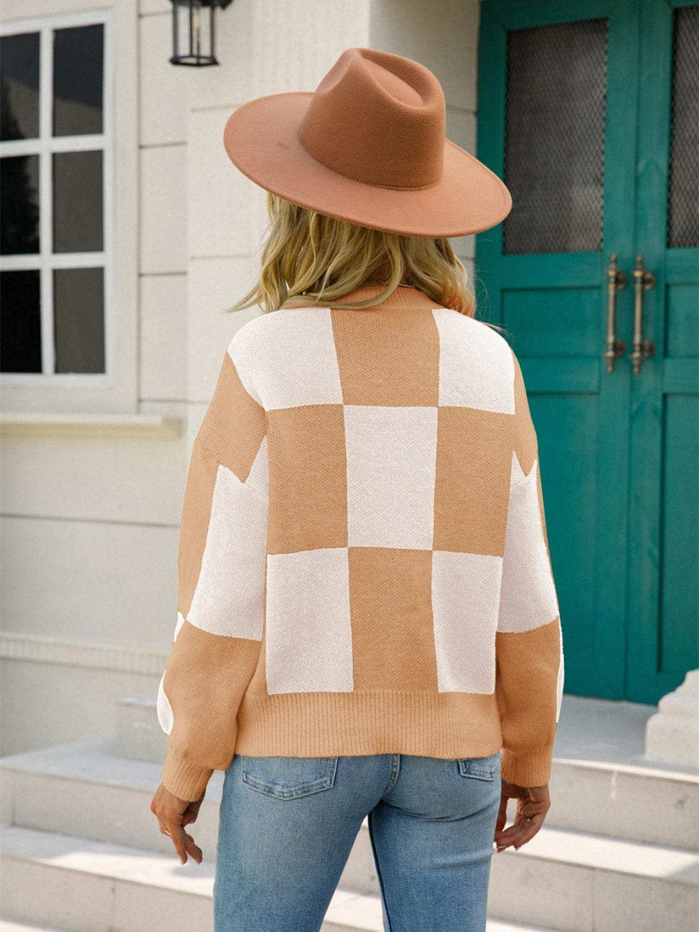 Angel Wings Checkered Round Neck Dropped Shoulder Sweater - Trendsi - Flyclothing LLC