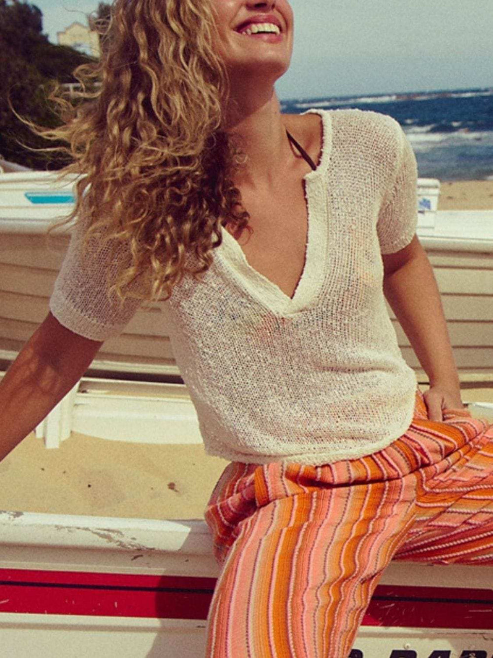 Notched Short Sleeve Knit Top - Trendsi - Flyclothing LLC