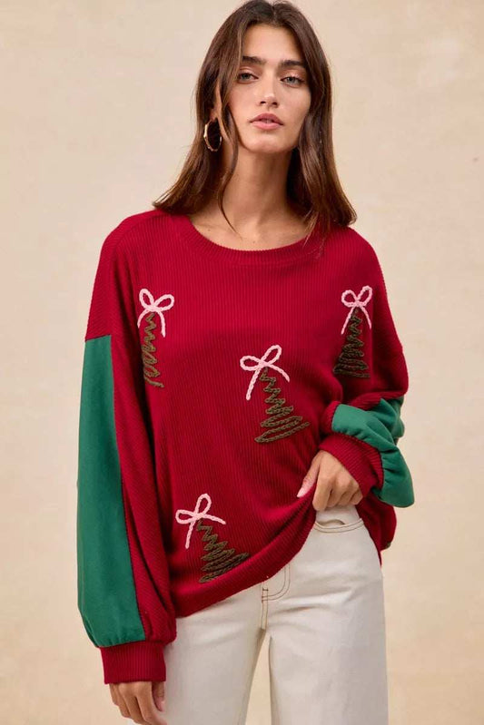 BiBi Christmas Theme Tree Embroidered Sweater - Trendsi - Flyclothing LLC