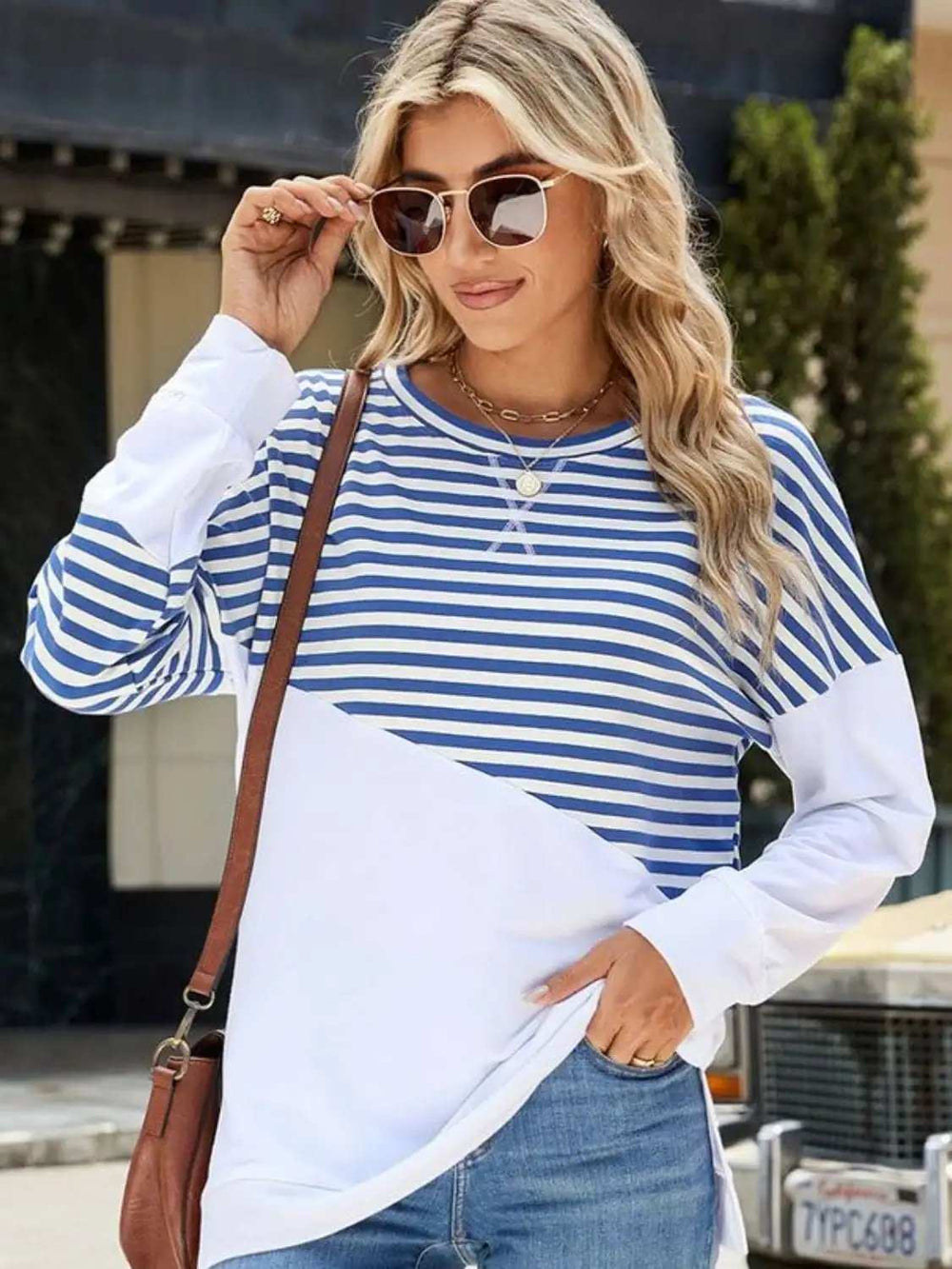 Slit Contrast Striped Long Sleeve Sweatshirt - Trendsi - Flyclothing LLC