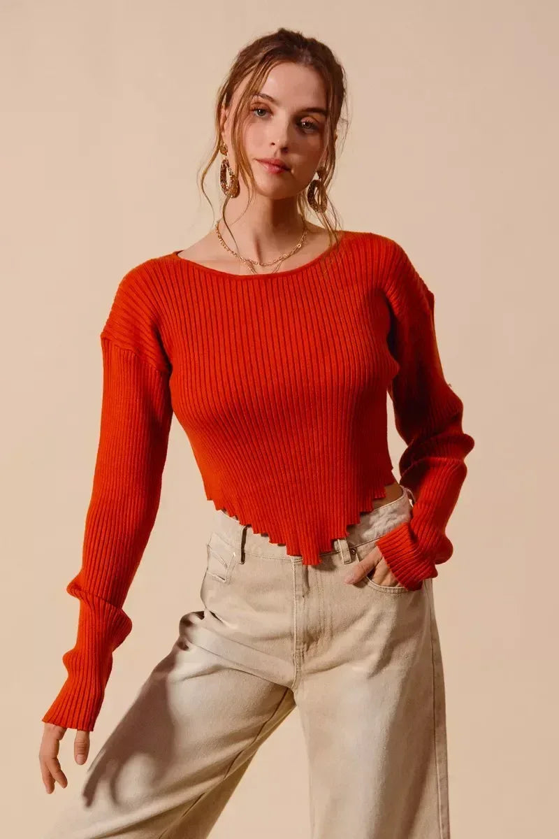 SO ME Rib Knitted Crop Sweater Top With Shaped Hem - Trendsi - Flyclothing LLC