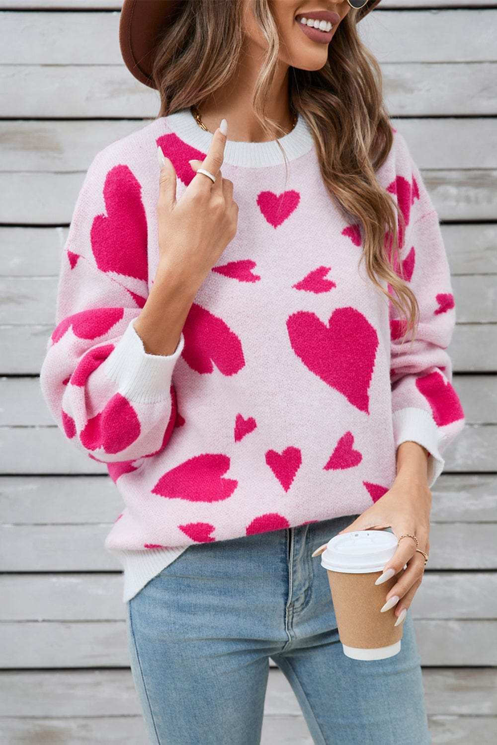 Angel Wings Heart Contrast Round Neck Long Sleeve Sweater - Trendsi - Flyclothing LLC