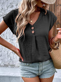 Decorative Button V-Neck Short Sleeve Blouse - Trendsi - Flyclothing LLC