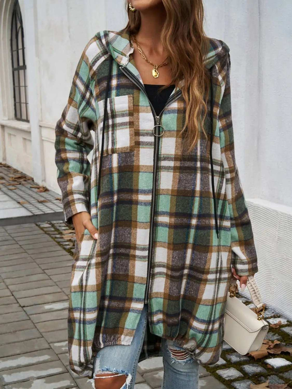 Plaid Zip Up Hooded Coat - Trendsi - Flyclothing LLC