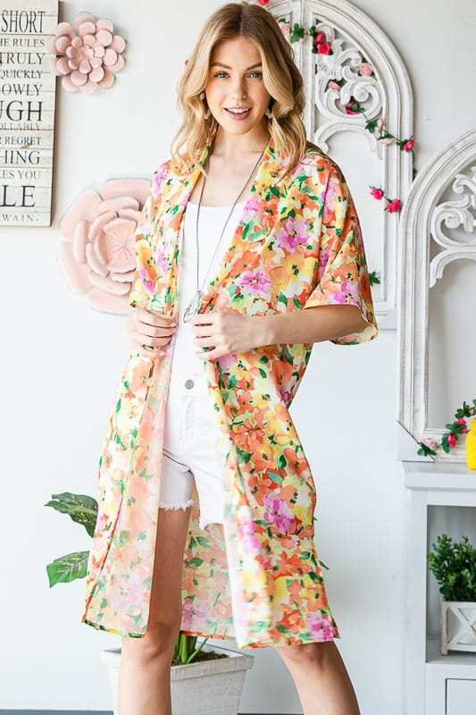 Heimish Full Size Half Sleeve Multi Color Floral Open Cardigan Plus Size - Trendsi - Flyclothing LLC