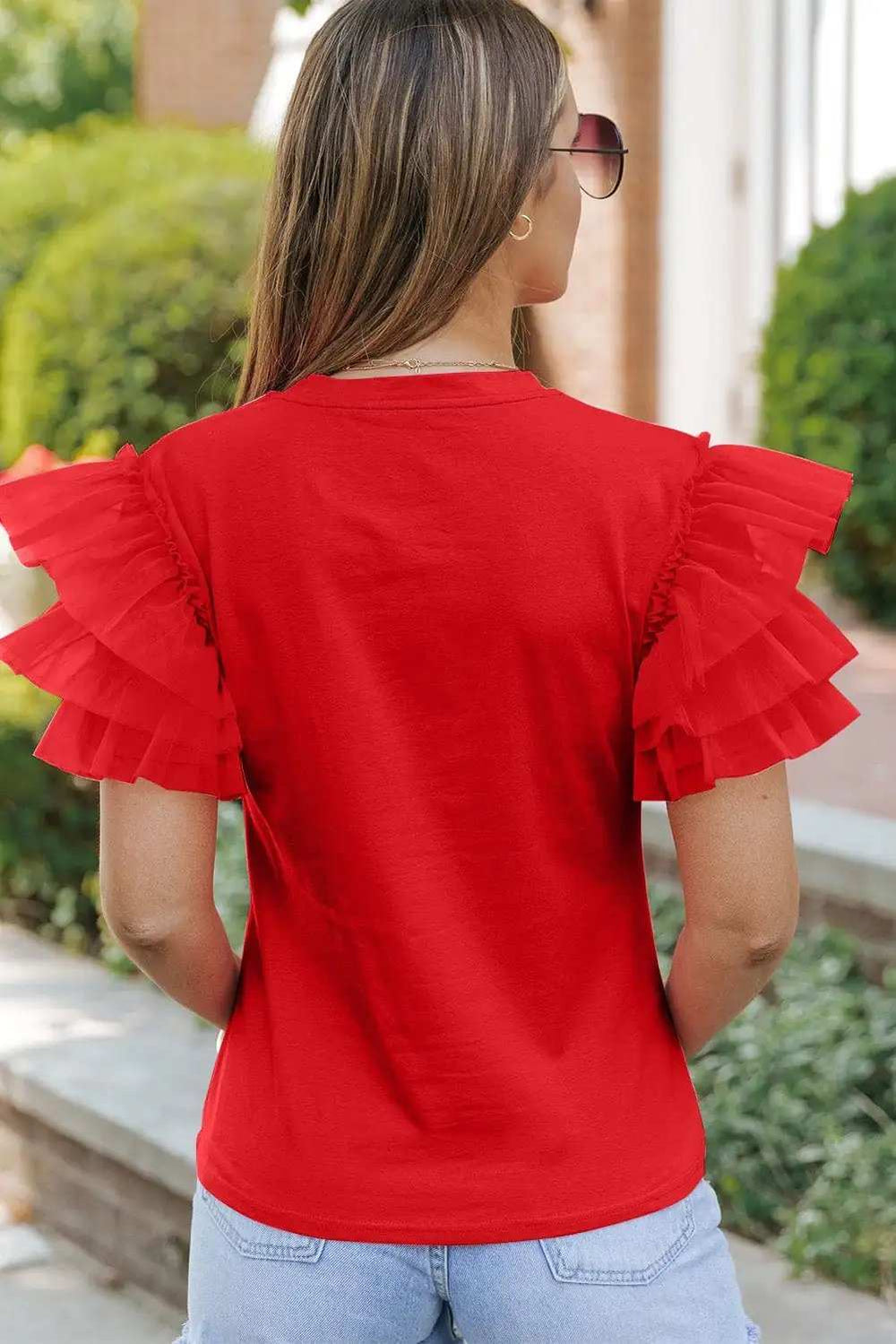 Ruffled Round Neck Short Sleeve Blouse - Trendsi - Flyclothing LLC