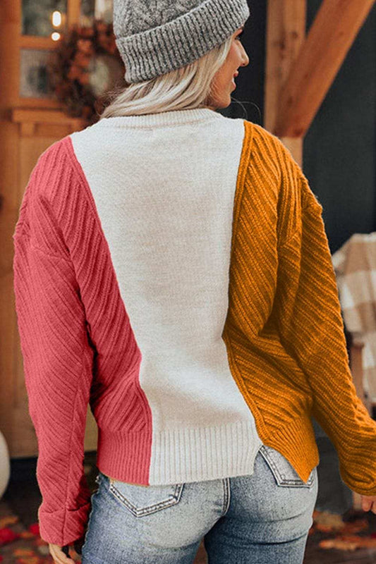 Color Block Textured Drop Shoulder Sweater - Trendsi - Flyclothing LLC
