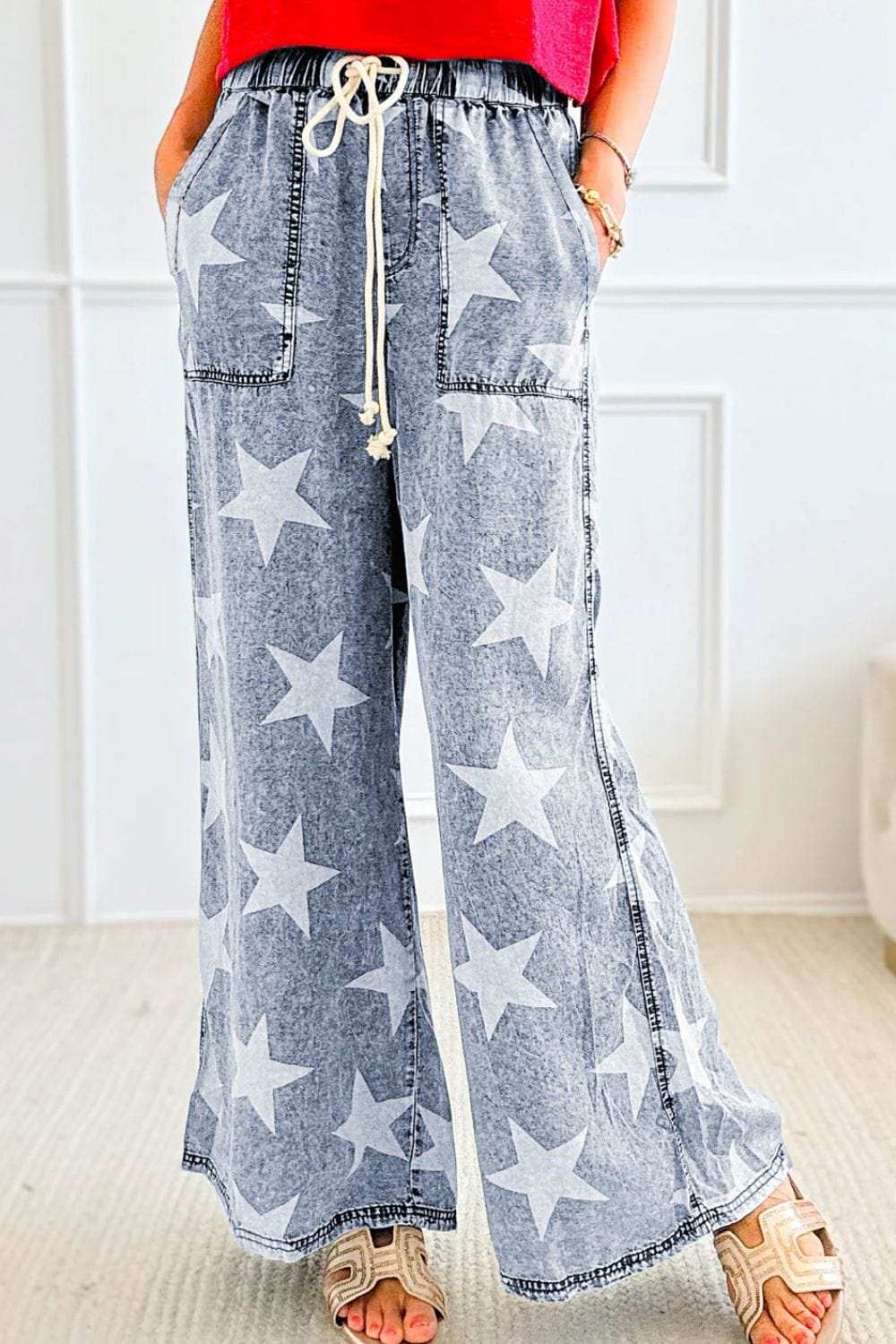 Star Print Washed Drawstring High Waist Wide Leg Jeans - Trendsi - Flyclothing LLC