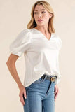 And The Why Plain Satin Puff Shirring V Neck Blouse Top - Trendsi - Flyclothing LLC