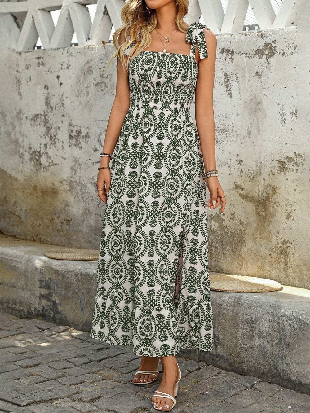 Smocked Slit Printed Tie Shoulder Dress - Trendsi - Flyclothing LLC