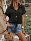 Drawstring Button Up Short Sleeve Blouse - Trendsi - Flyclothing LLC