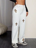 Leopard Cross Detail Straight Leg Jeans - Trendsi - Flyclothing LLC
