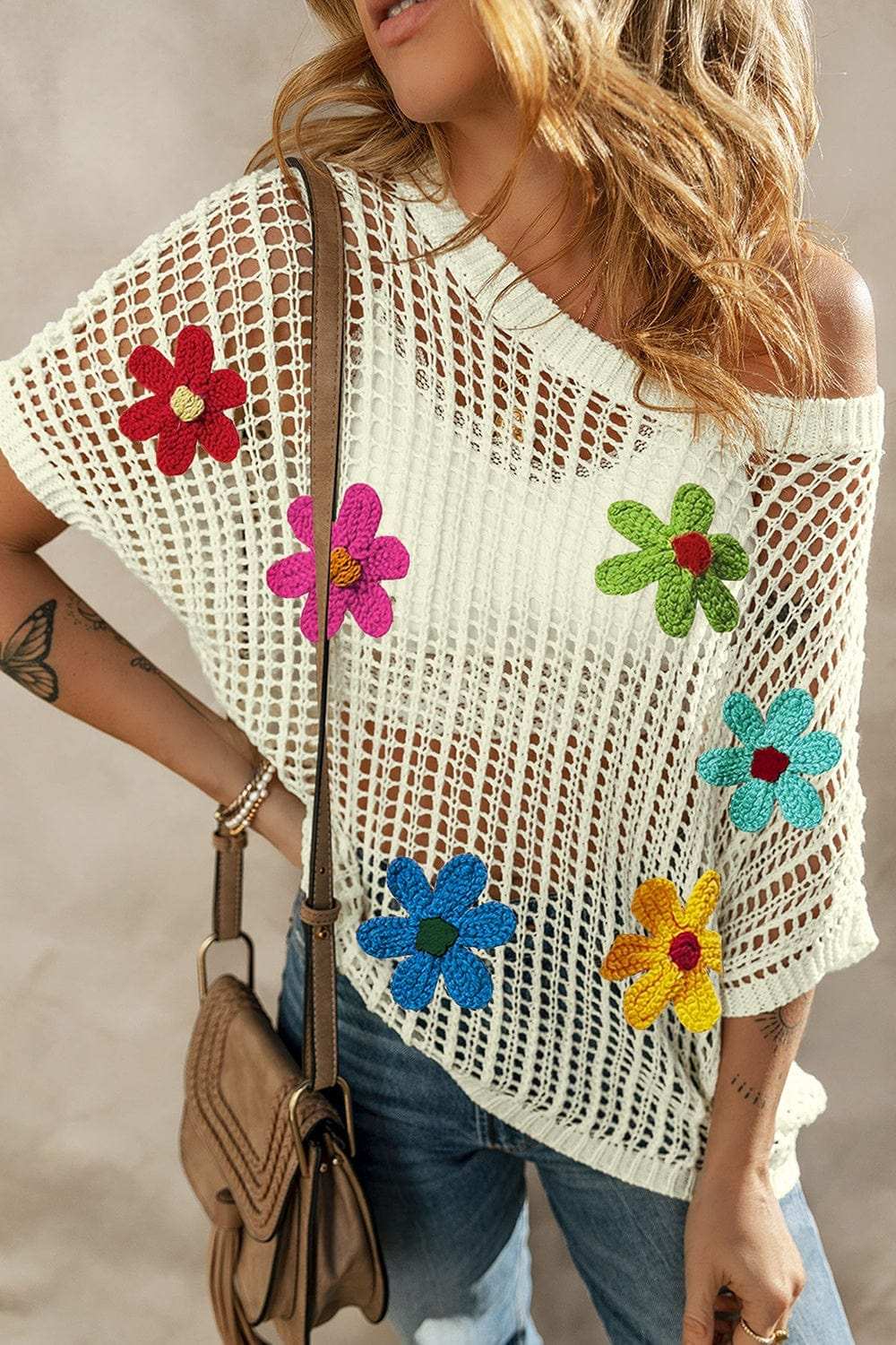 Flower Round Neck Half Sleeve Knit Cover Up - Trendsi - Flyclothing LLC