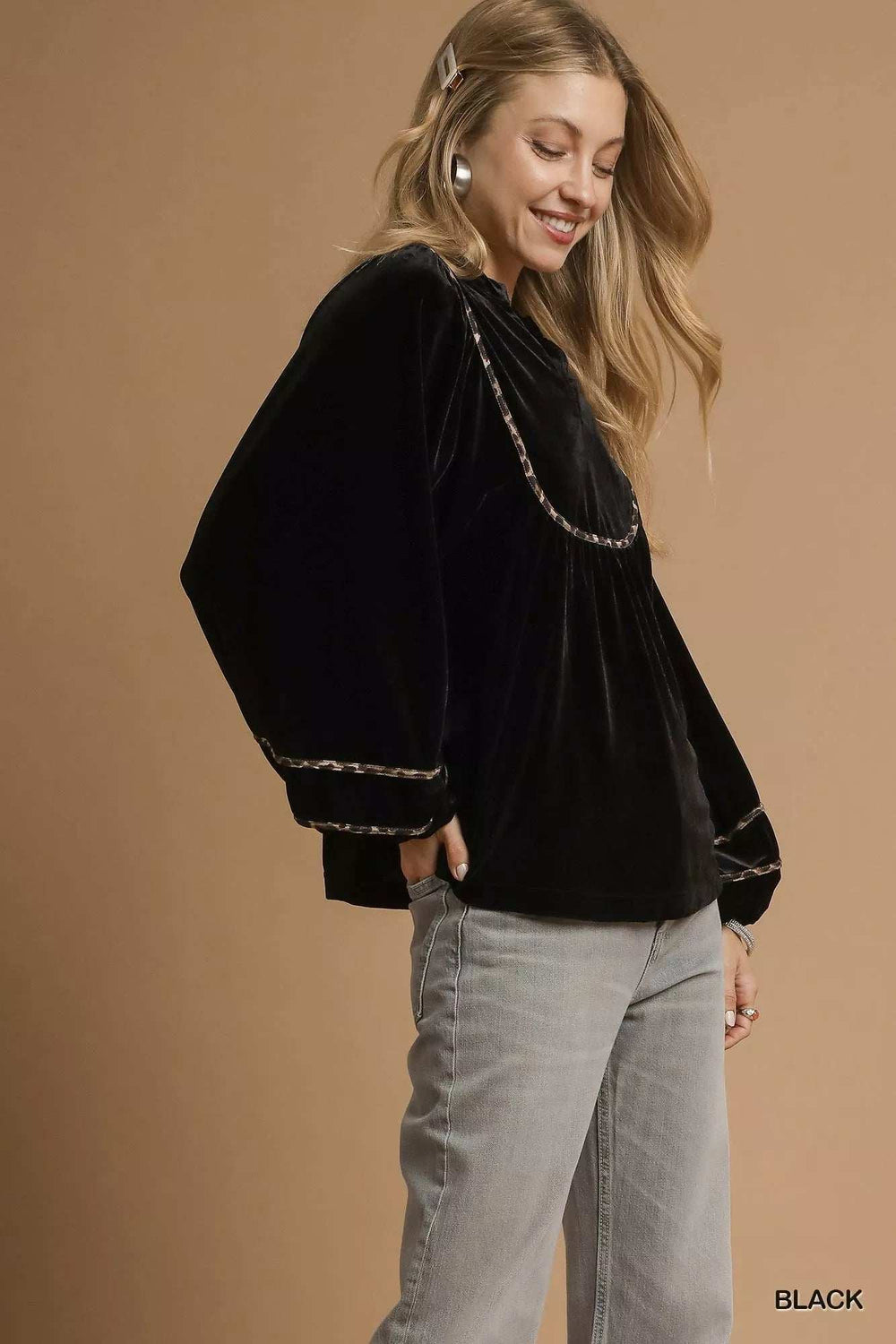 Umgee Velvet Long Sleeve Blouse with Contrast Trim - Trendsi - Flyclothing LLC