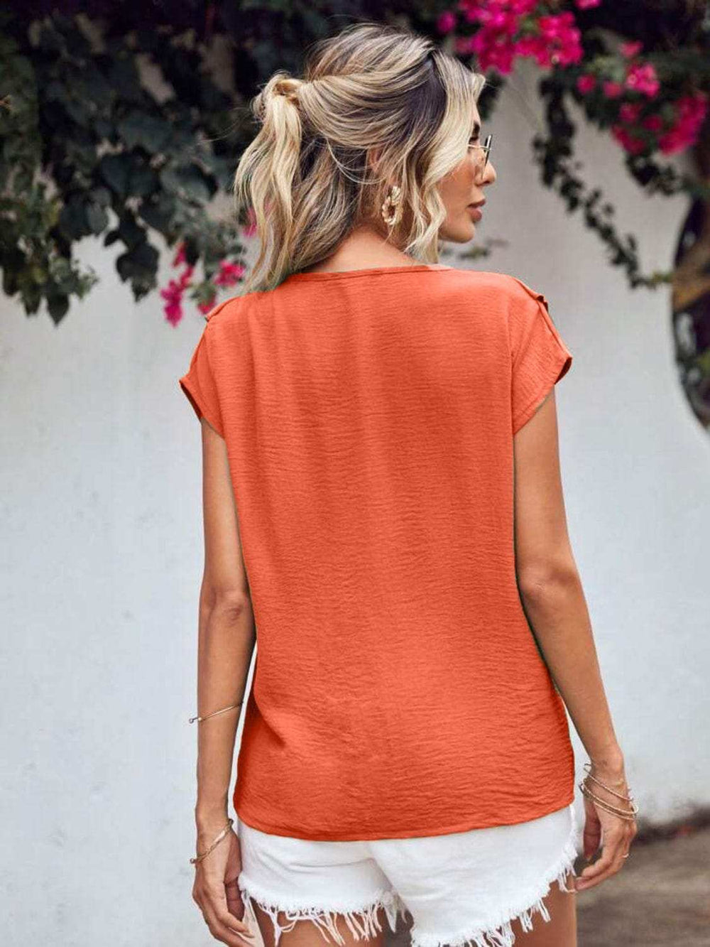 Ruffled V-Neck Short Sleeve Blouse - Trendsi - Flyclothing LLC