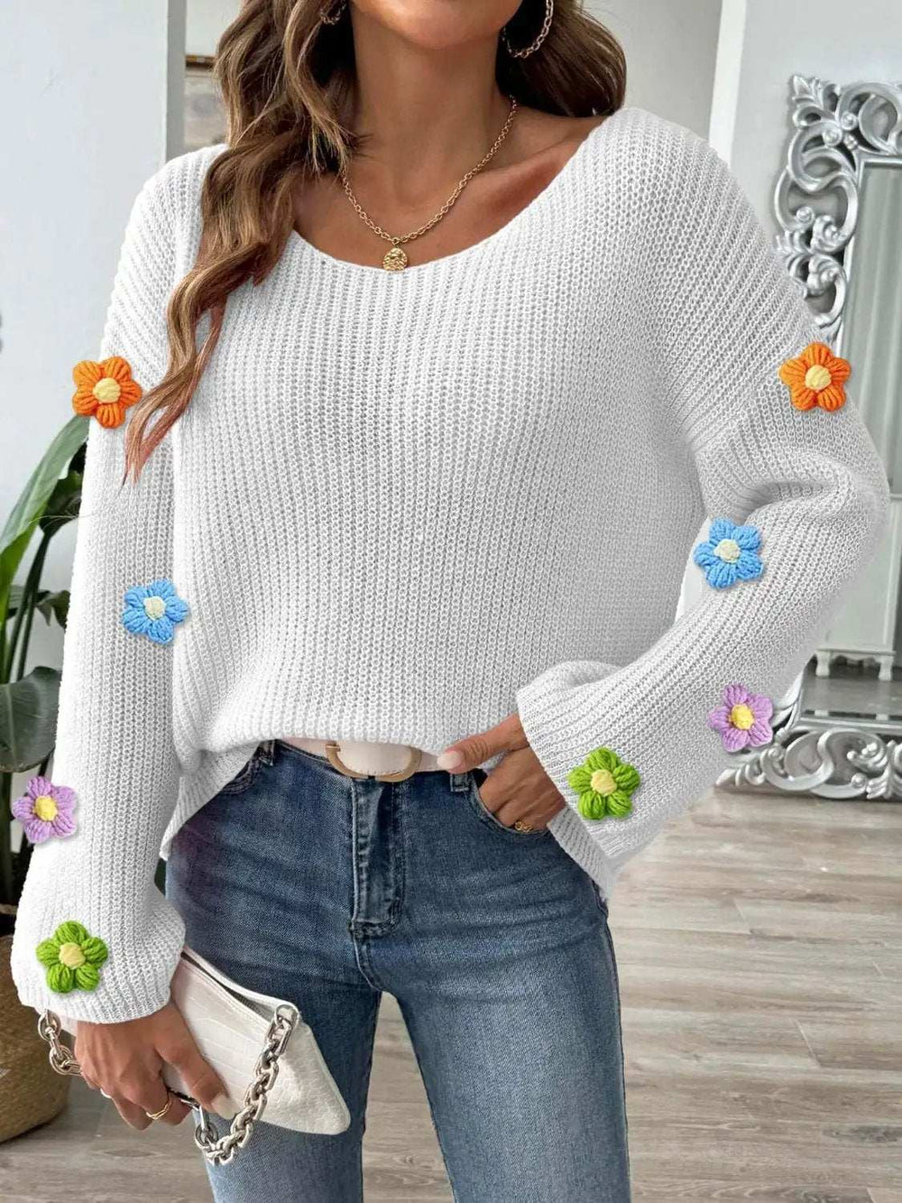 Flower Round Neck Long Sleeve Sweater - Trendsi - Flyclothing LLC