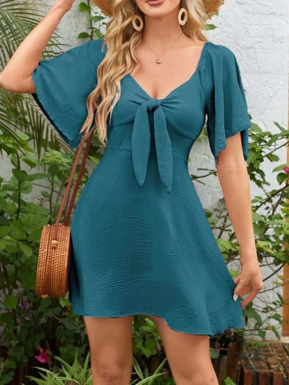 Smocked Back Knotted Flutter Sleeve Dress - Trendsi - Flyclothing LLC